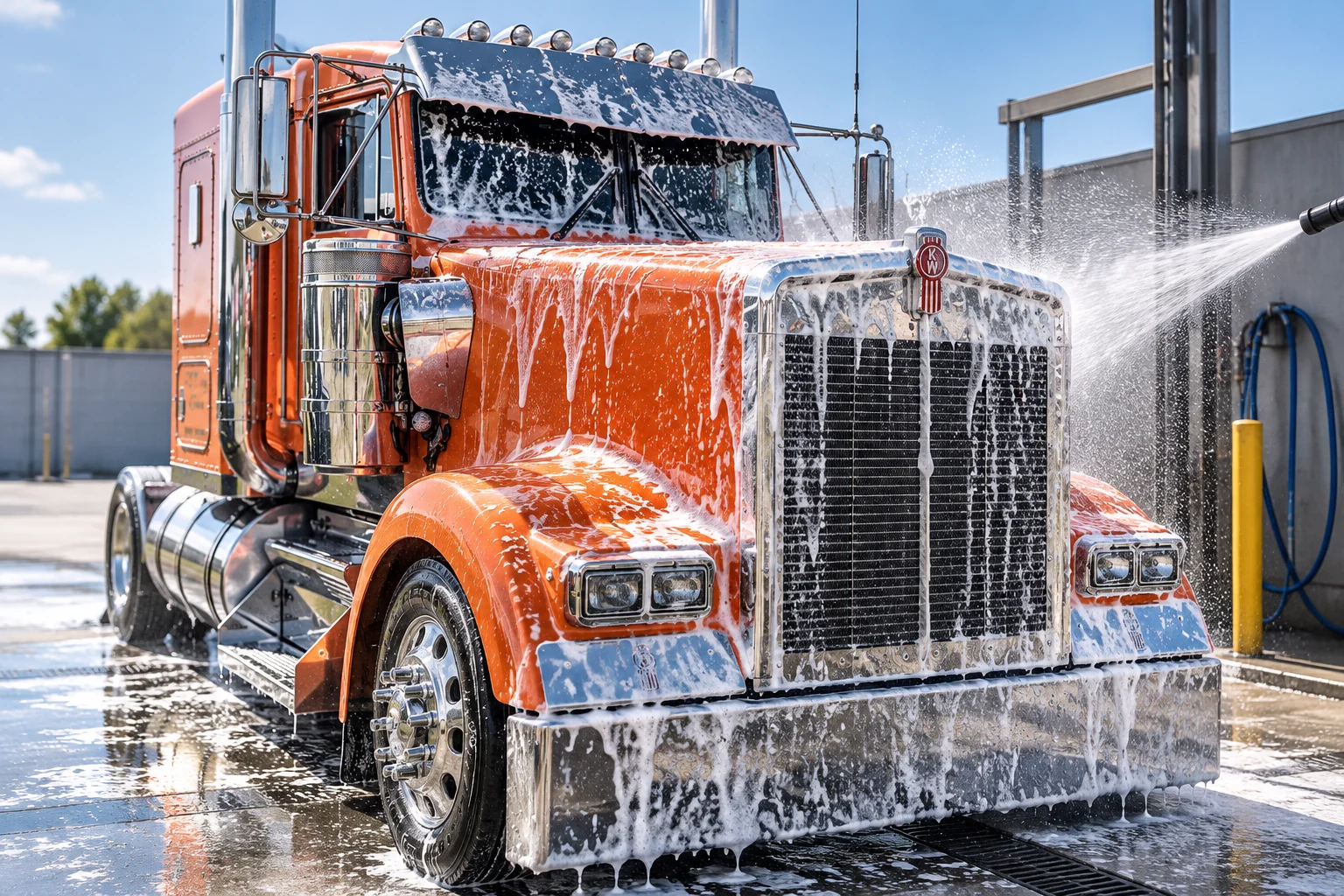 Front of an American long-nose truck being professionally pressure-washed