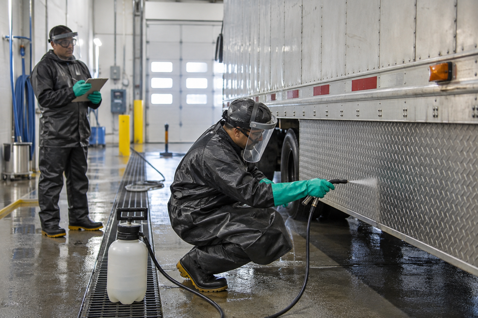 Technician in chemical-resistant PPE testing a small section of aluminum diamond plate in a wash bay.