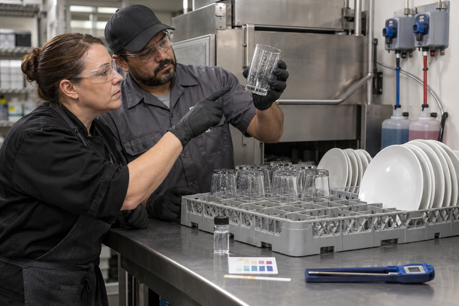 Kitchen manager and service technician inspecting mineral spots on glassware beside a commercial dishwasher.