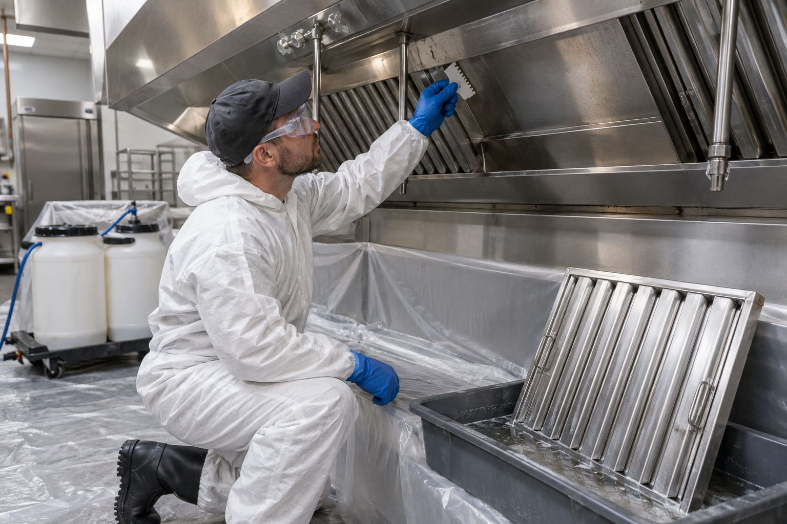 Technician verifying a cleaned stainless-steel kitchen exhaust hood beside a baffle filter in a contained wash tray.
