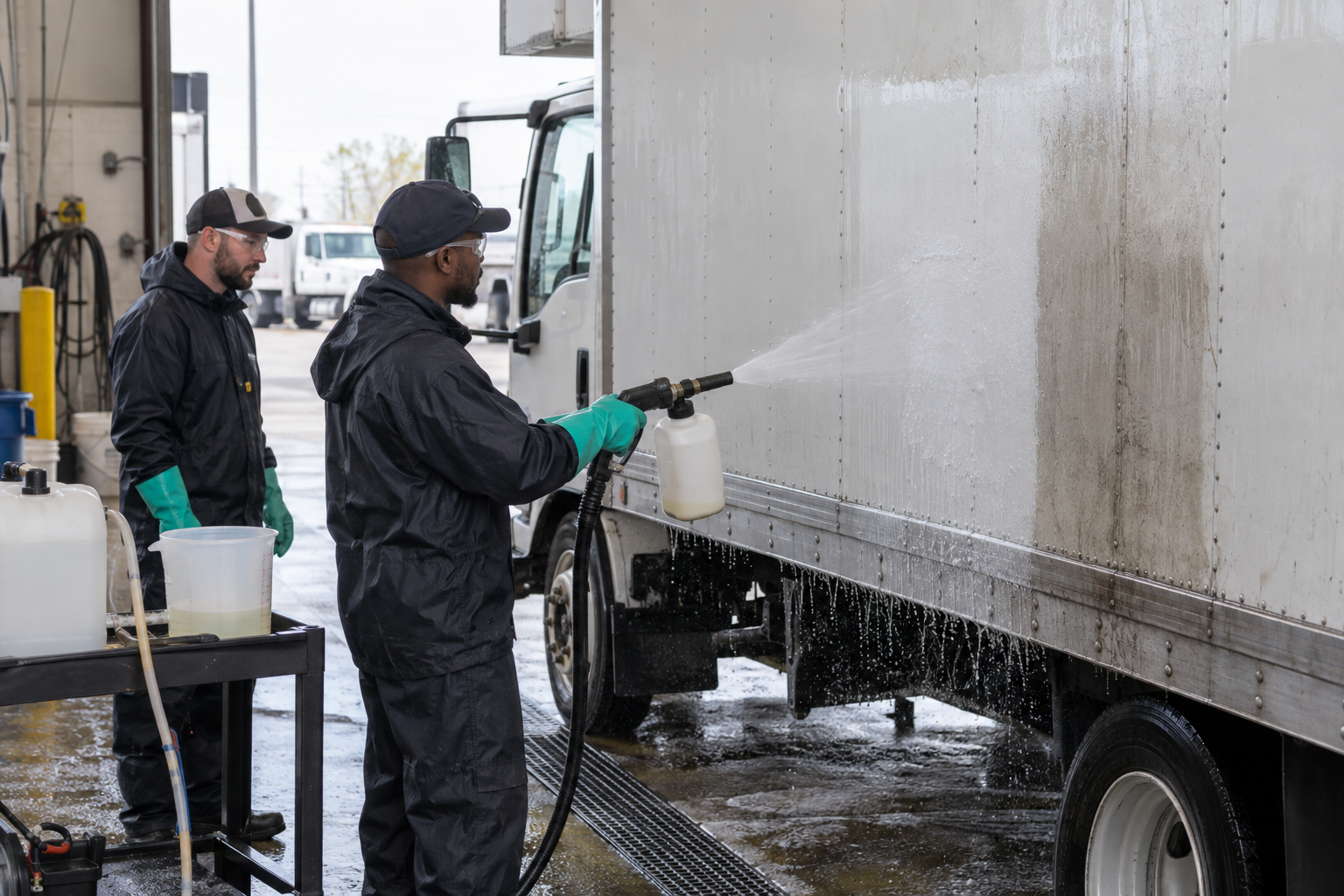 Two technicians conducting a controlled truck wash soap test on a soiled white box-truck panel.