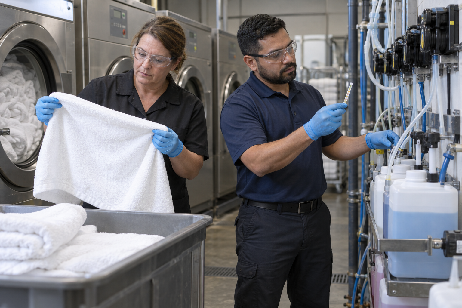 Hotel laundry team inspecting a clean towel, chemical feed lines and a water-hardness test strip.