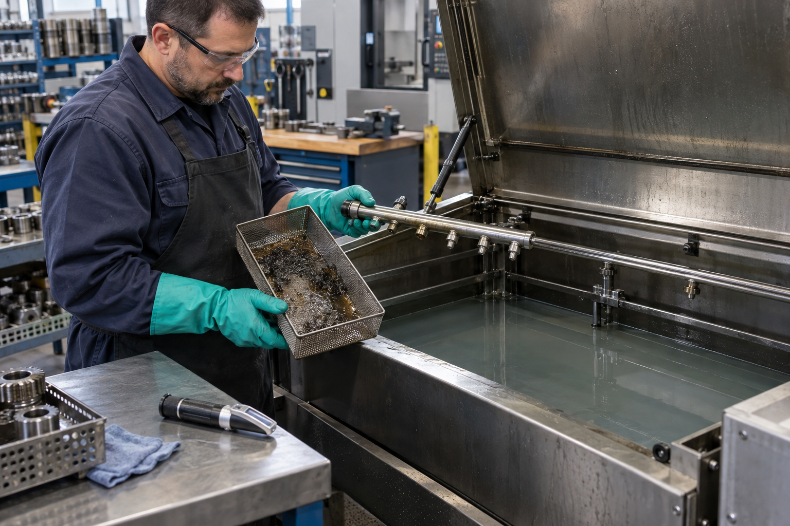 Technician inspecting a spray cabinet washer filter basket and nozzle manifold above a calm low-foam bath.