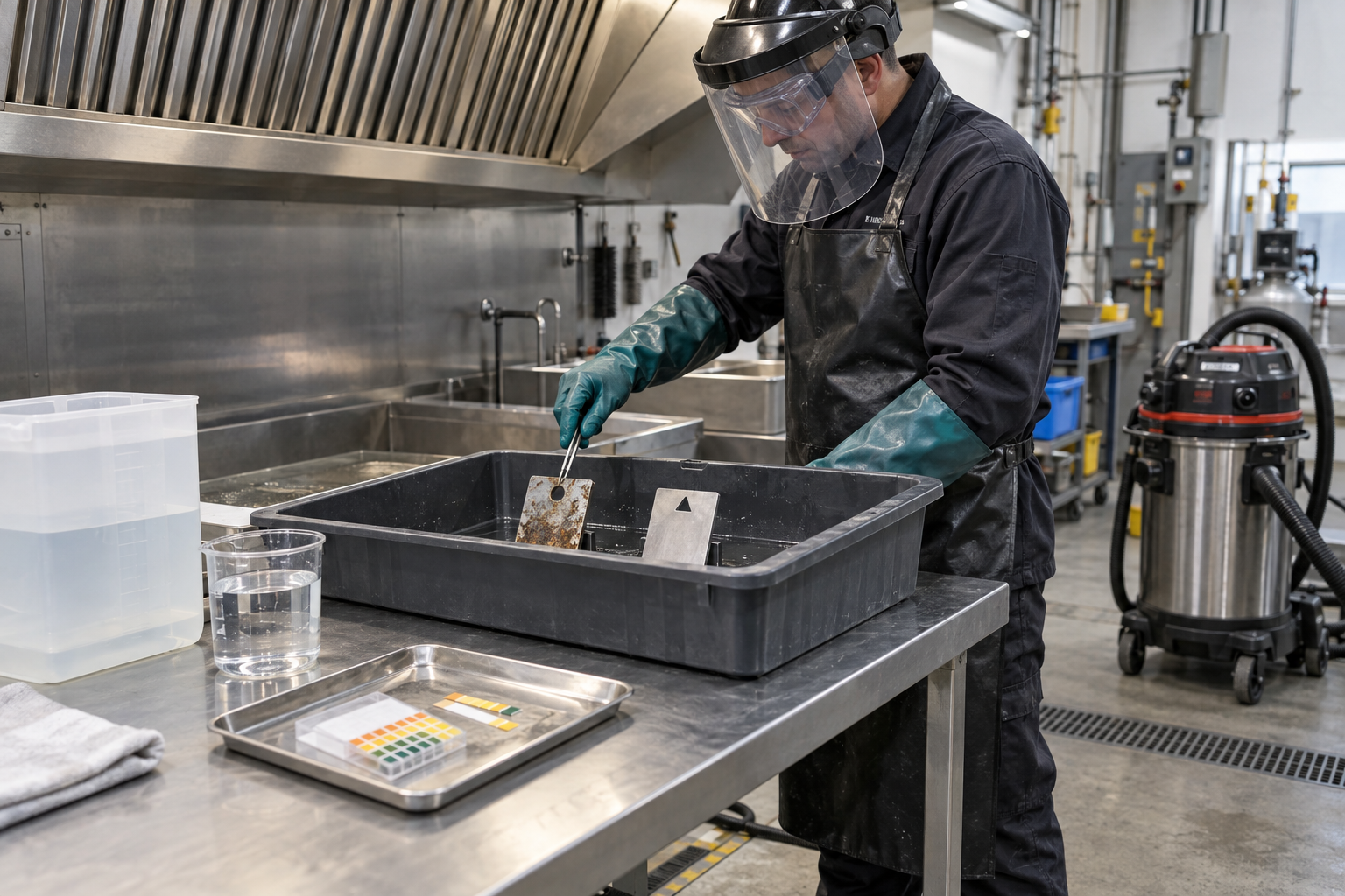 Technician in acid-resistant PPE conducting a contained descaling compatibility test on metal coupons.