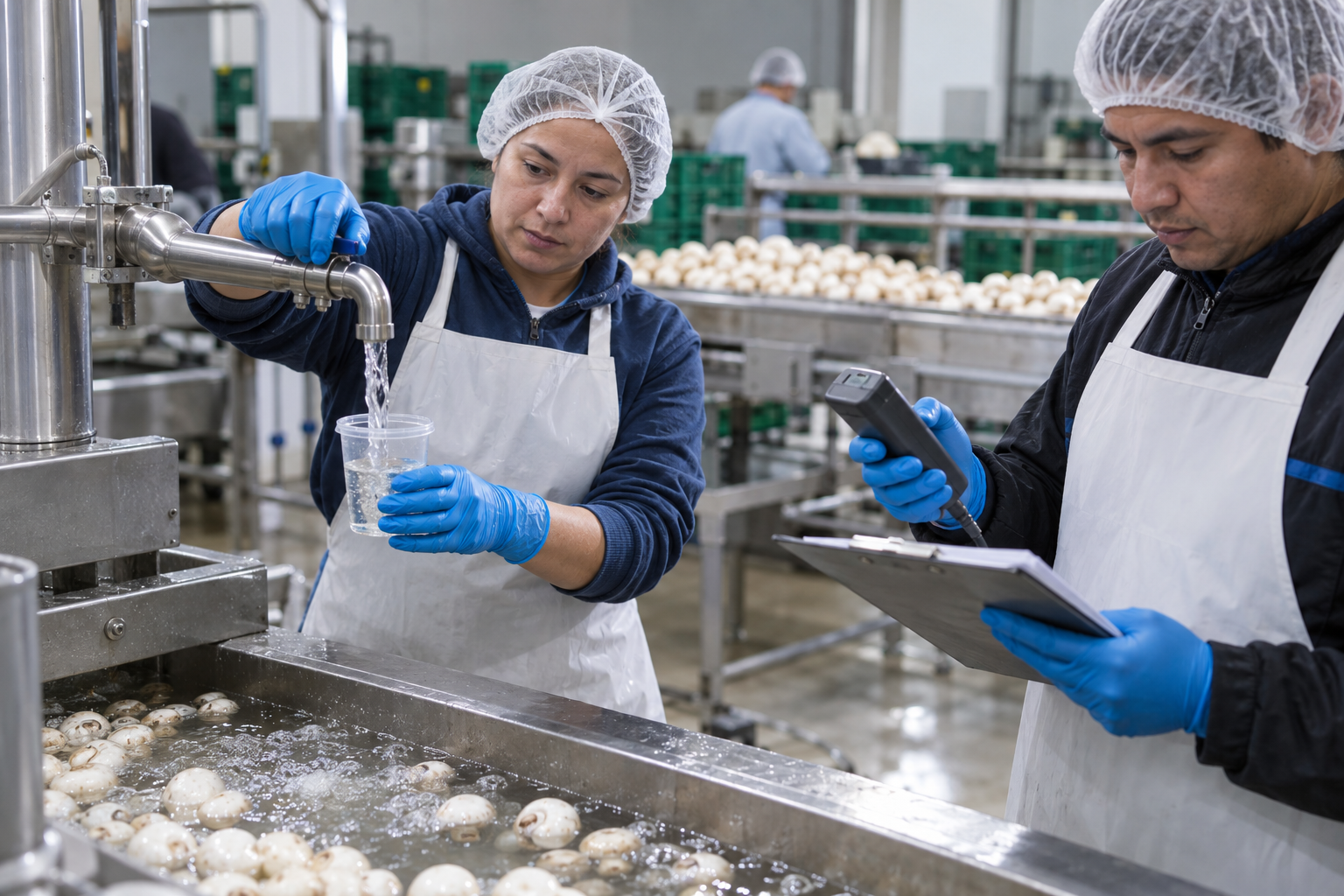 Mushroom packing workers collecting a wash-water sample and checking a handheld meter beside the line.