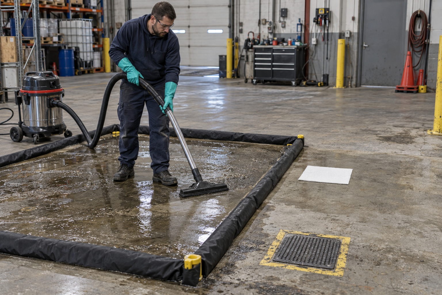 Technician recovering oily concrete-floor rinse water with a wet vacuum inside portable containment.