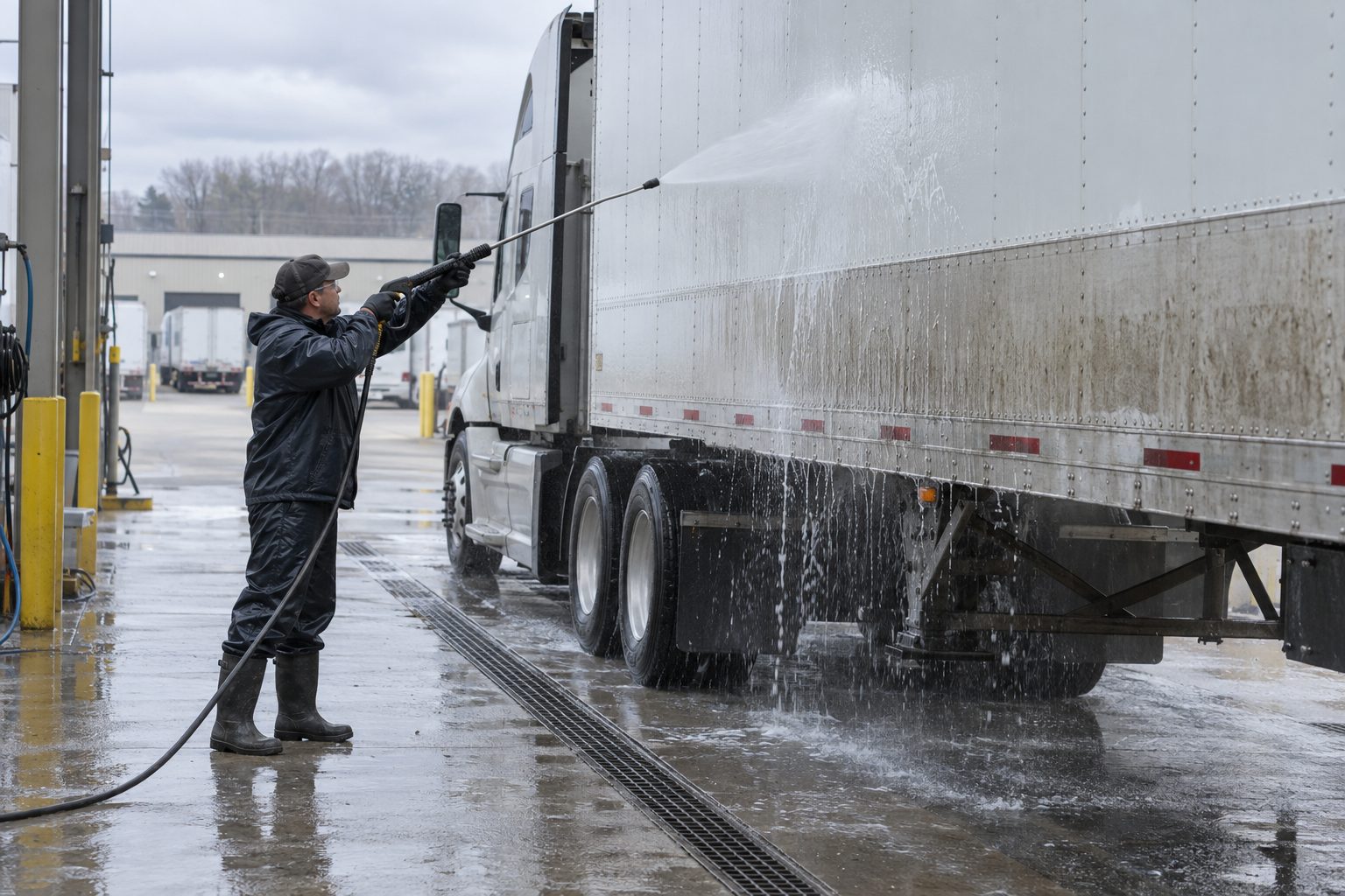 Technician rinsing a semi-trailer from the upper panel downward after a two-step wash.