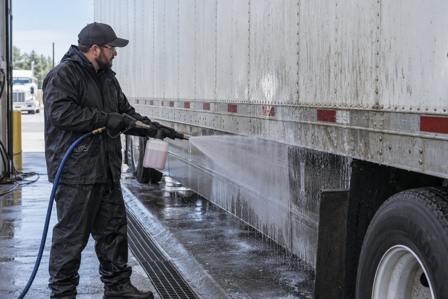 Fleet wash technician applying pre-soak from the bottom upward on a road-filmed semi-trailer.