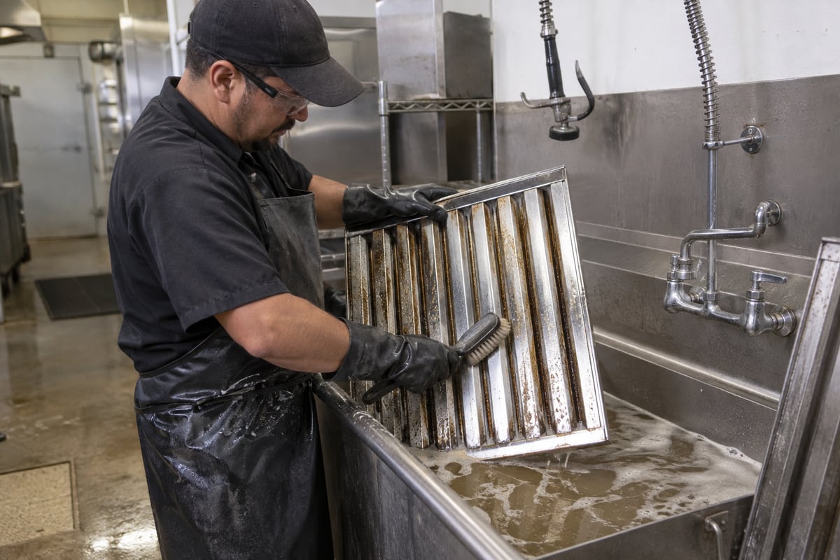 Washing commercial kitchen exhaust baffle filters