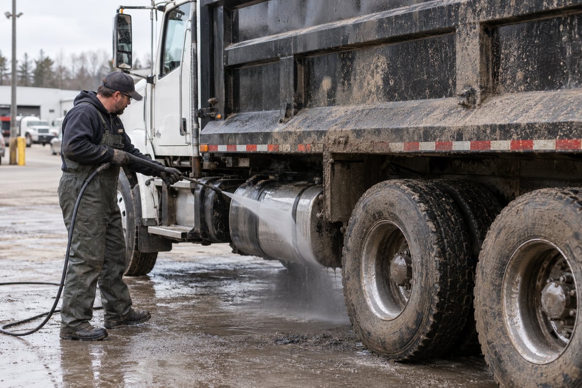 Pressure washing road grime from a dump-truck chassis