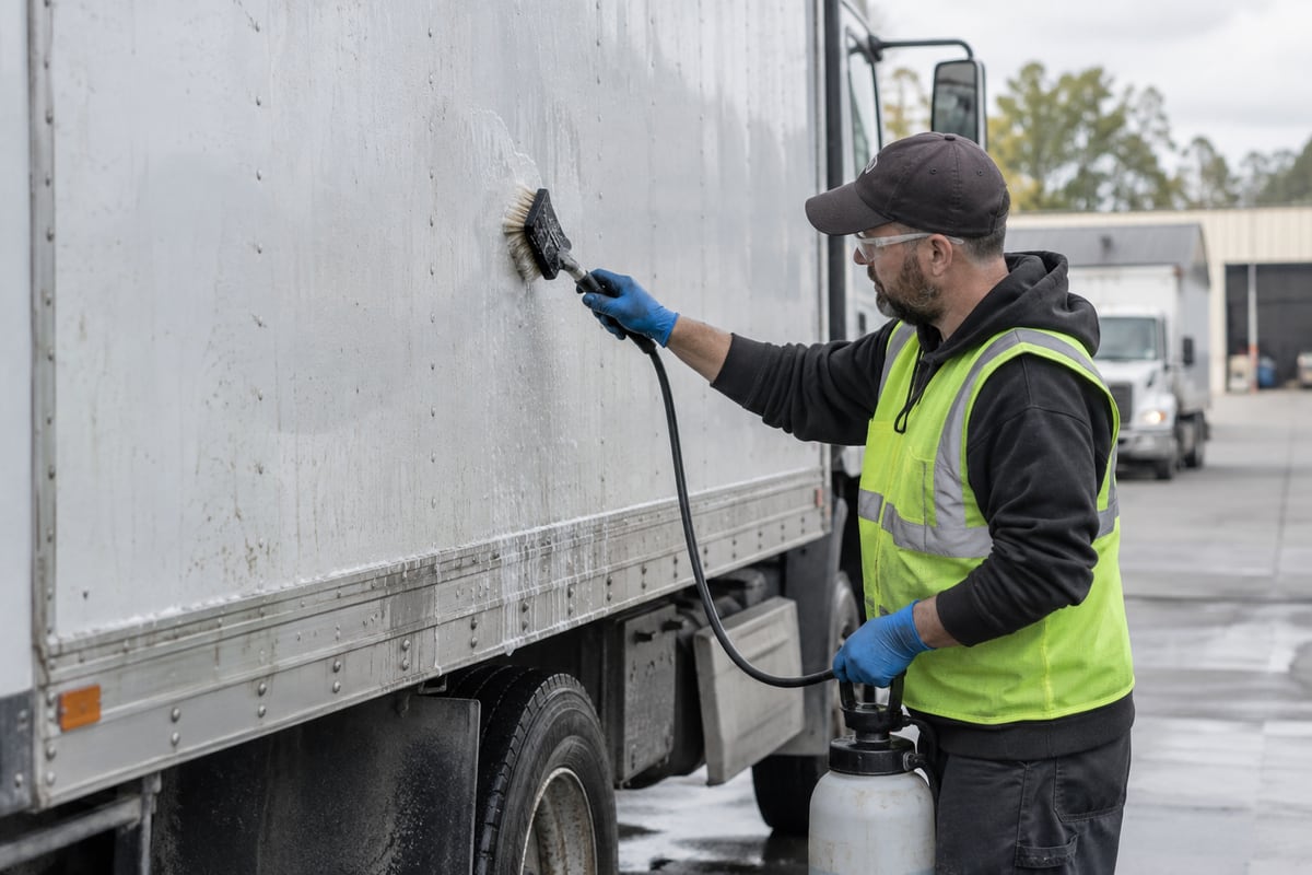Cleaning a painted commercial delivery-truck panel