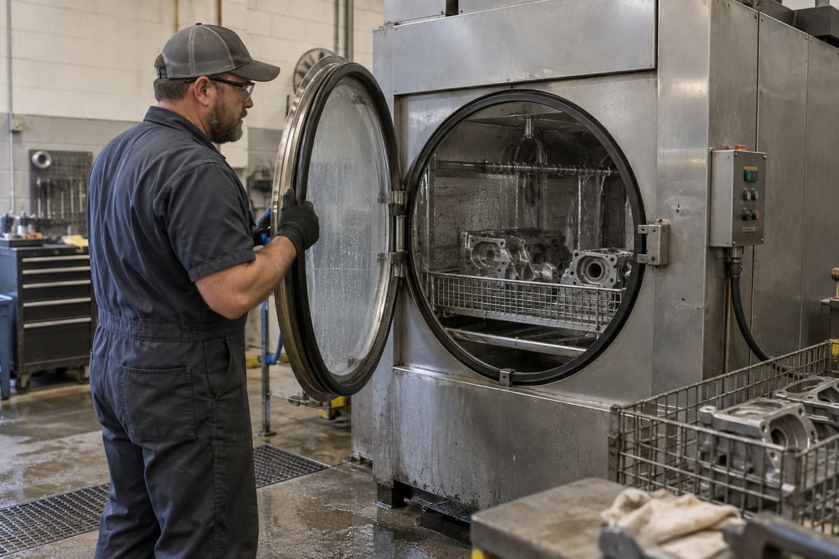 Opening an aqueous cabinet parts washer after a cleaning cycle