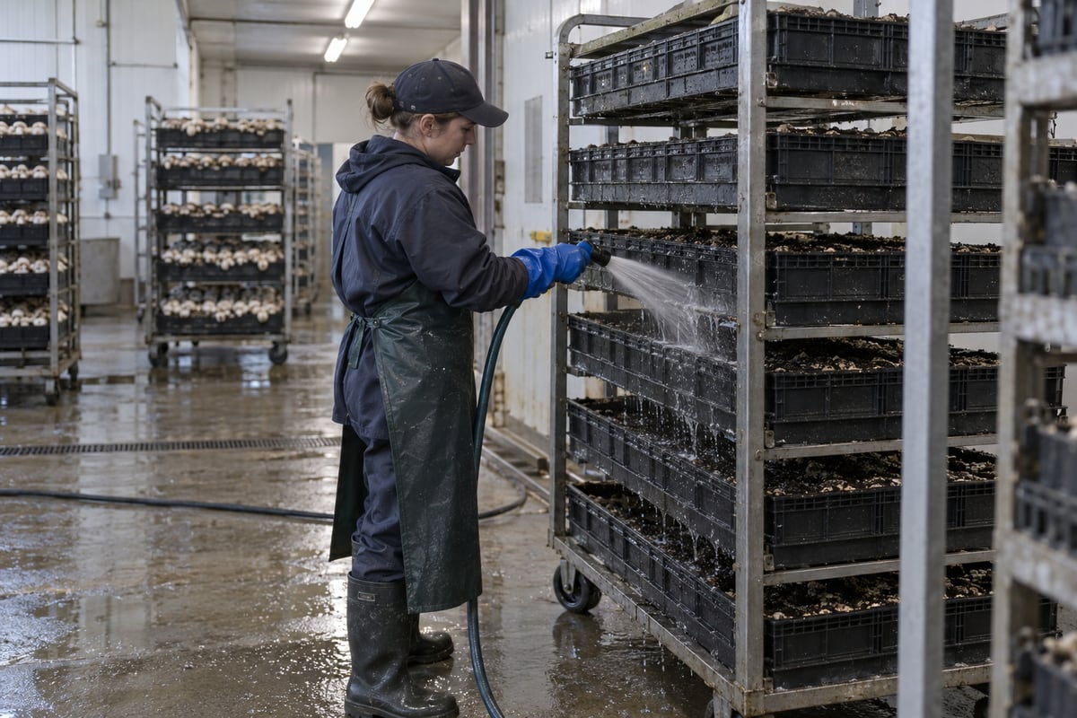 Cleaning growing trays in a commercial mushroom room
