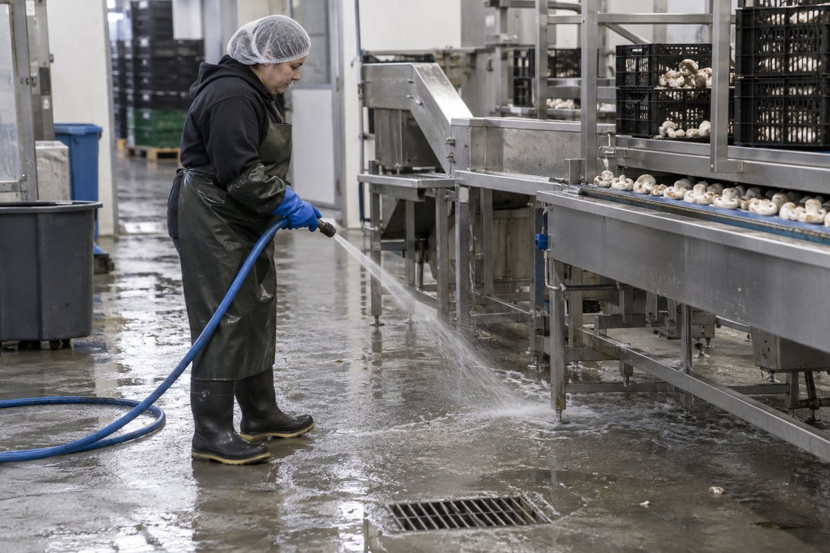 Rinsing a mushroom packing-room floor after production