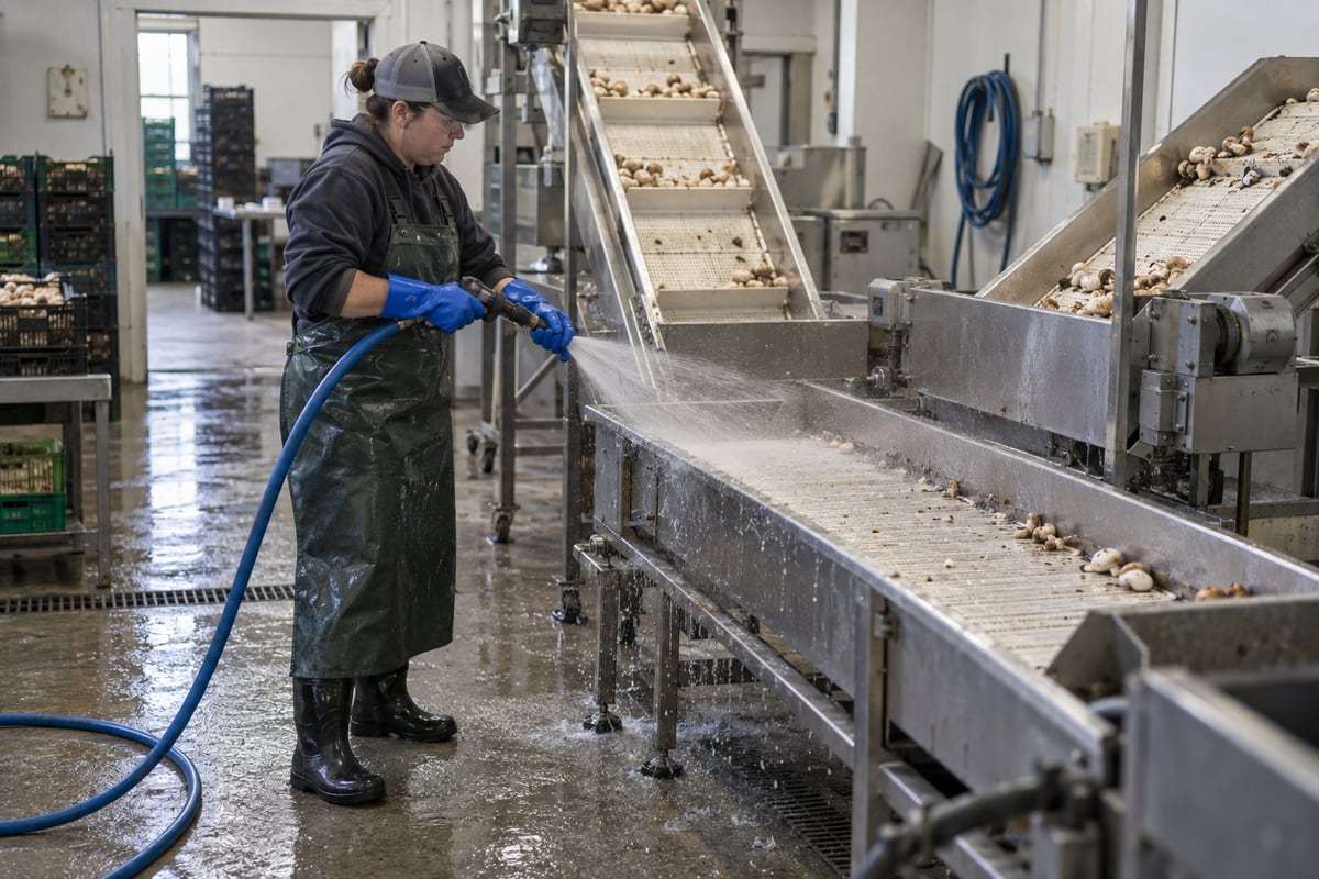Sanitizing a stainless-steel mushroom sorting conveyor