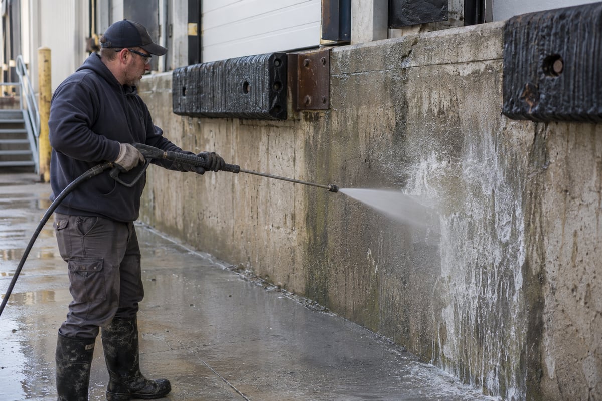 Removing mineral deposits from a concrete loading dock