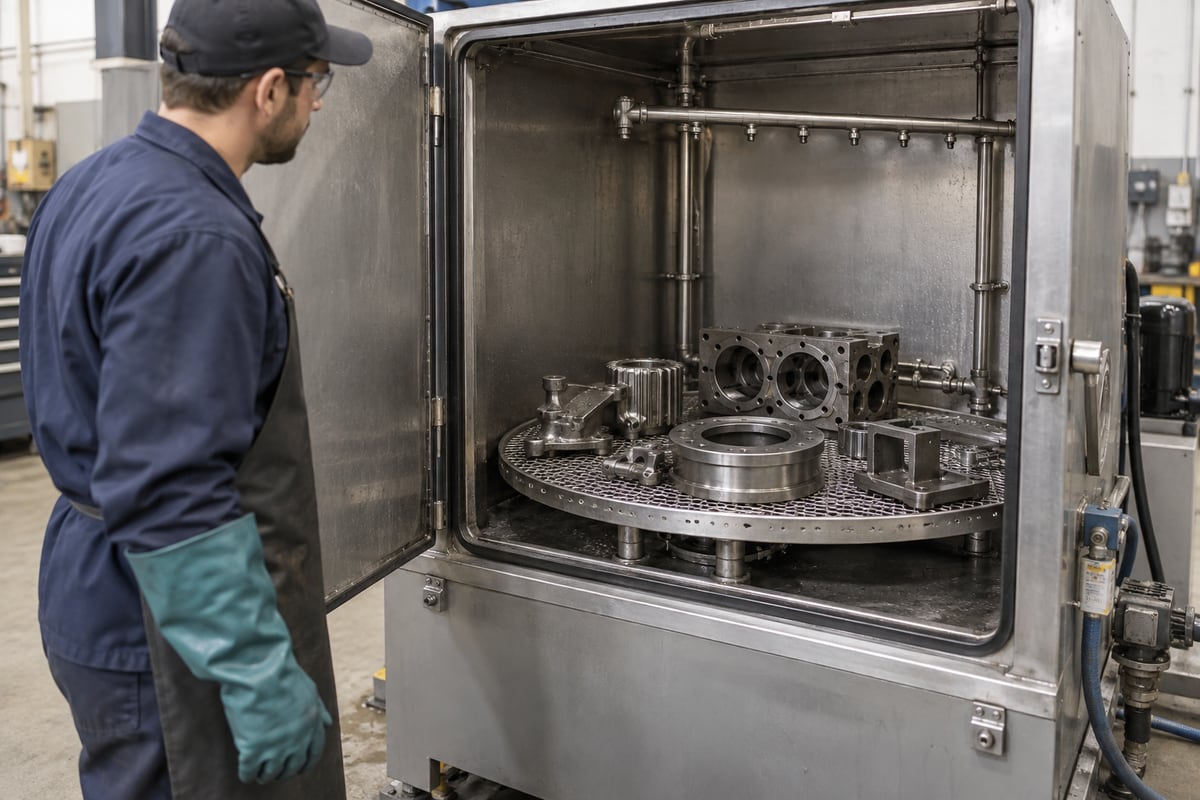Industrial spray-cabinet washer loaded with metal parts