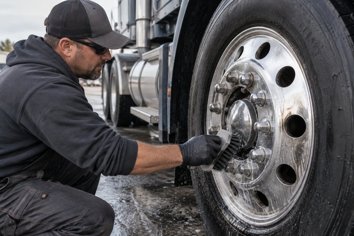 Cleaning aluminum wheels on a semi truck