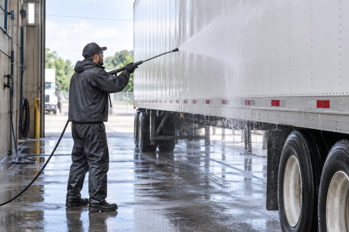 Pressure rinsing a commercial box trailer