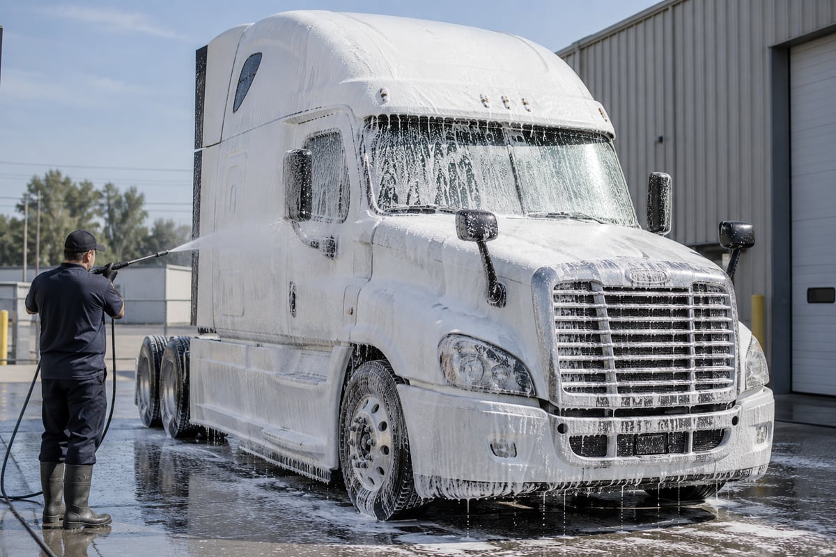 Applying pre-soak foam to a semi-truck cab