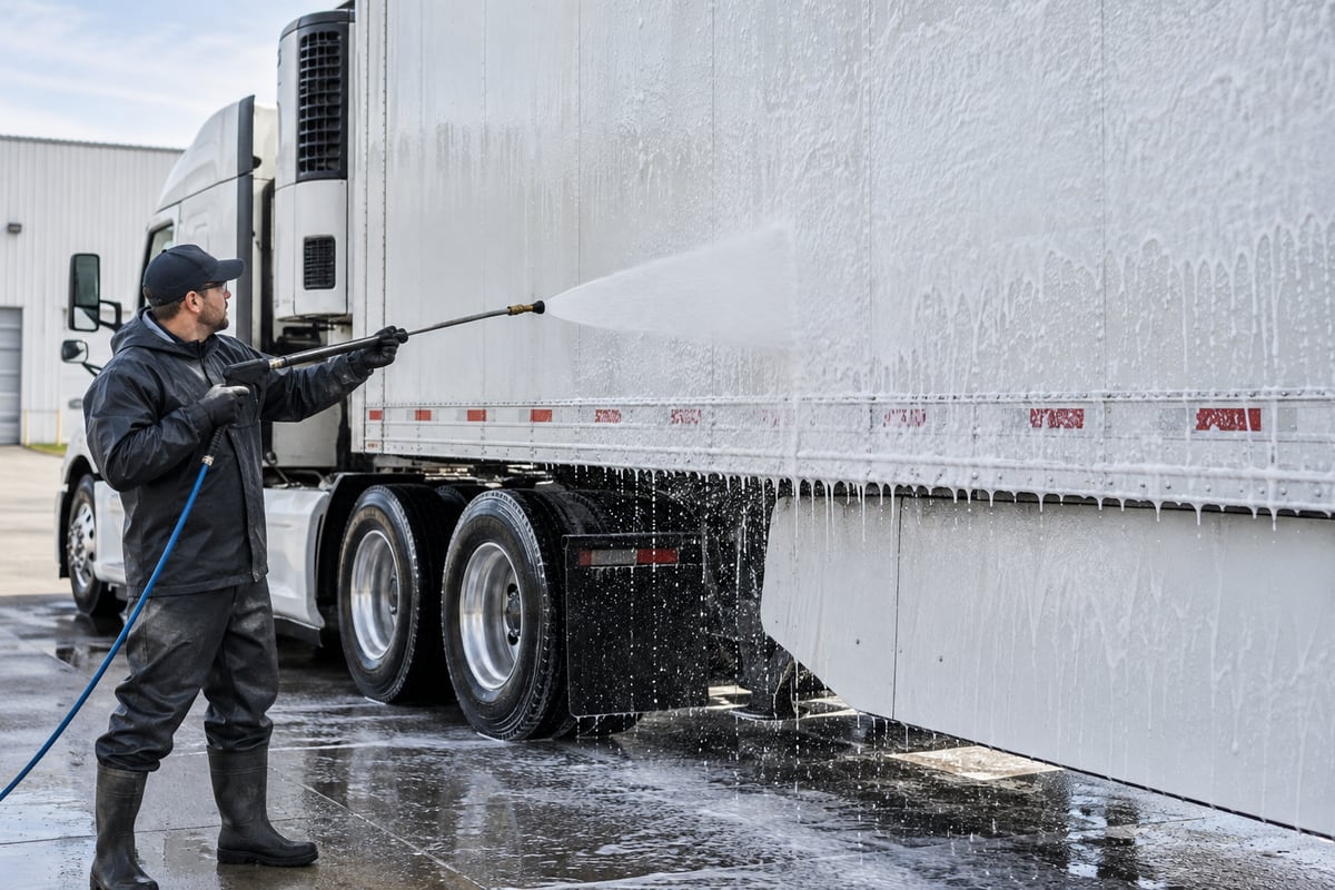 Applying pre-soak foam to a refrigerated truck body