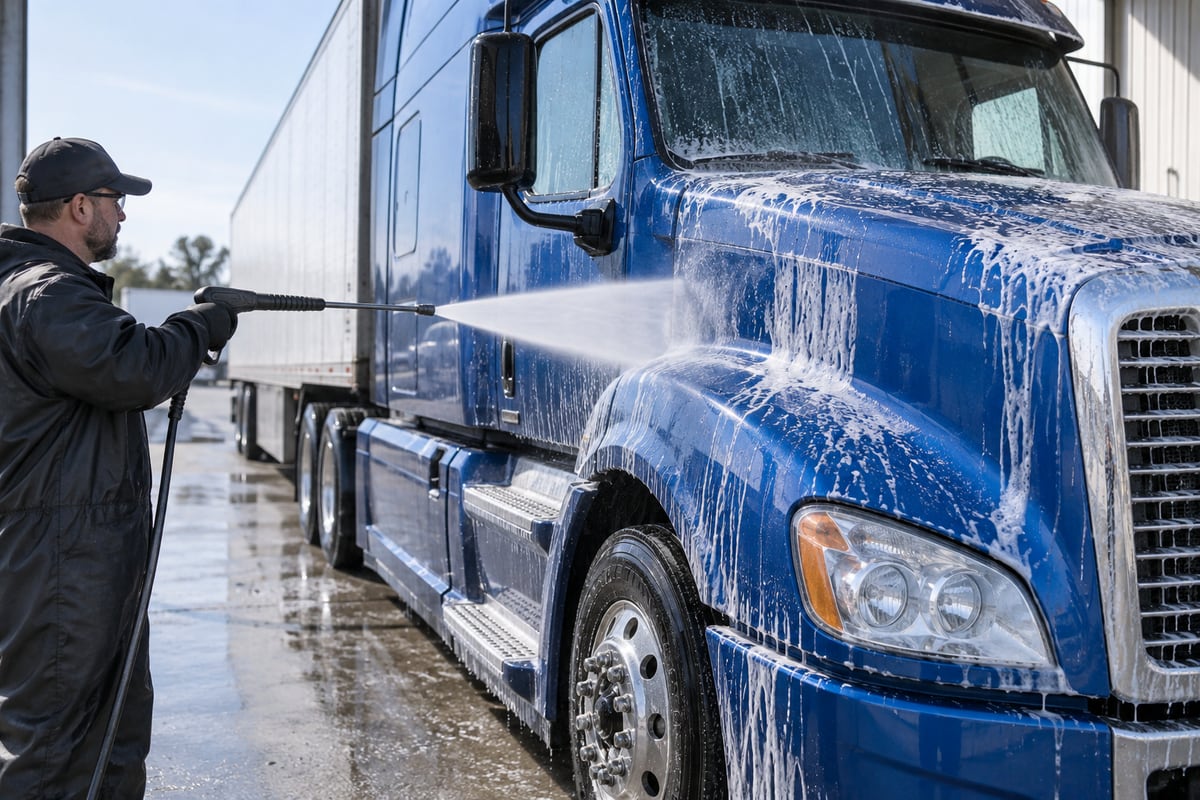 Pressure rinsing a semi truck after pre-soak