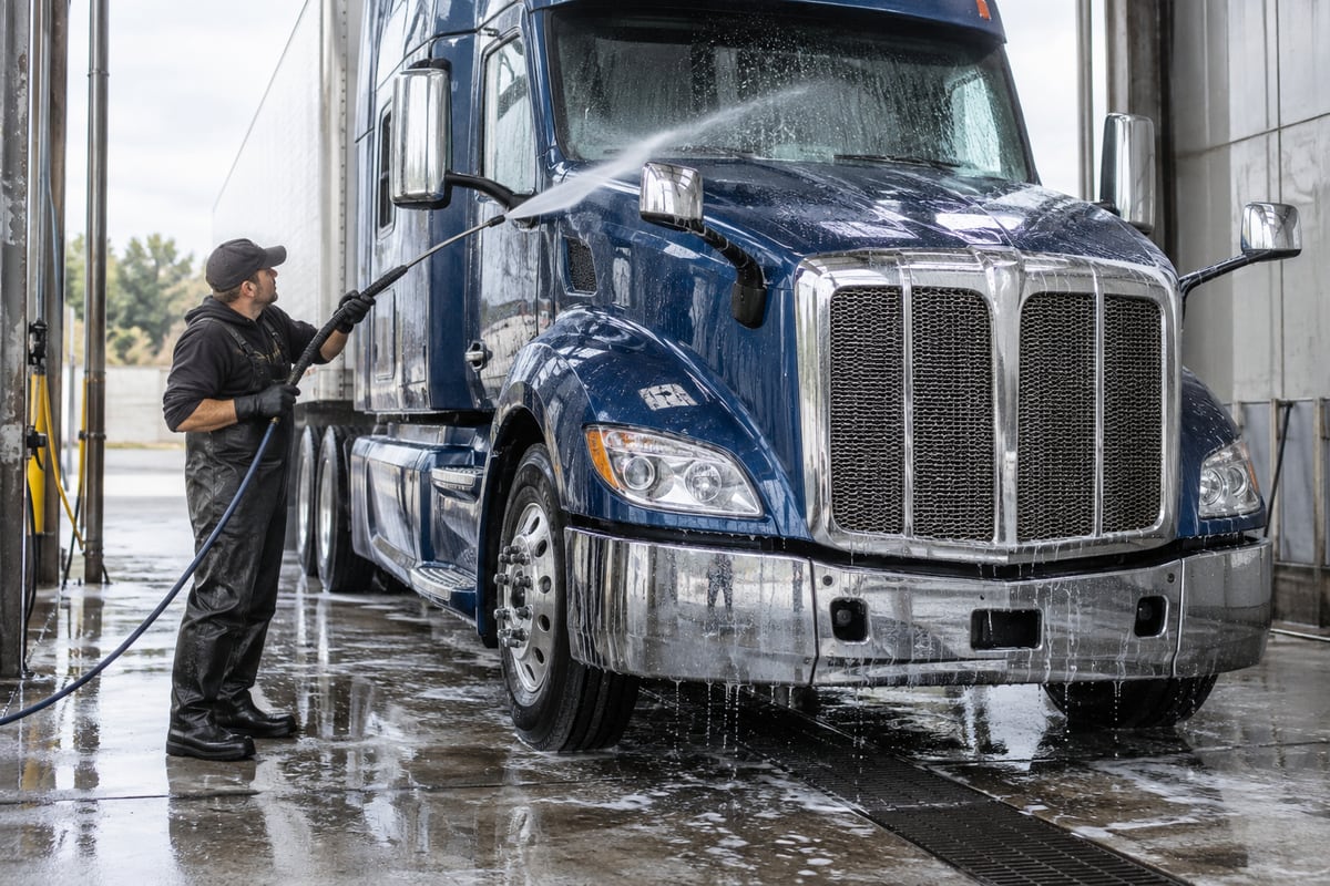 Washing the cab and grille of a highway semi truck