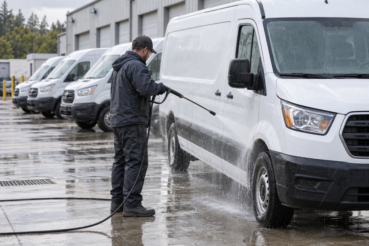 Fleet washing at a commercial vehicle depot