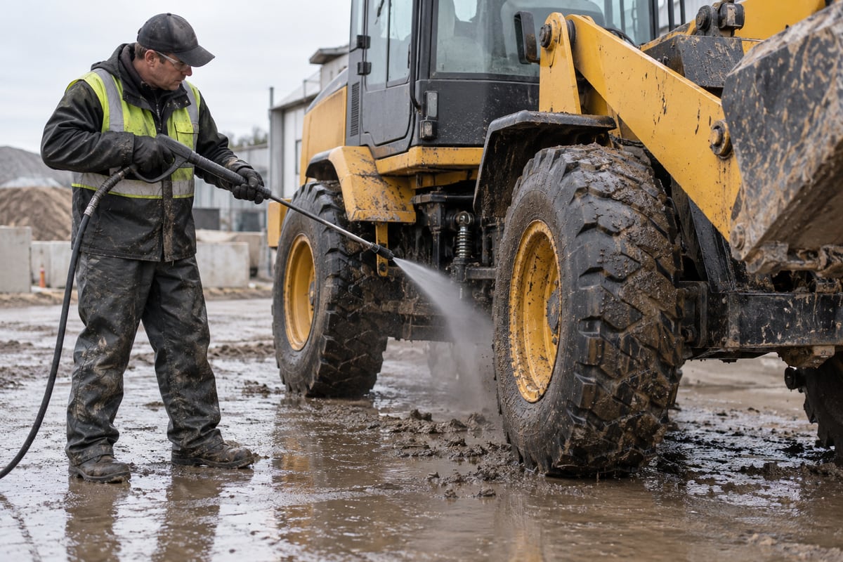 Pressure washing a compact construction loader