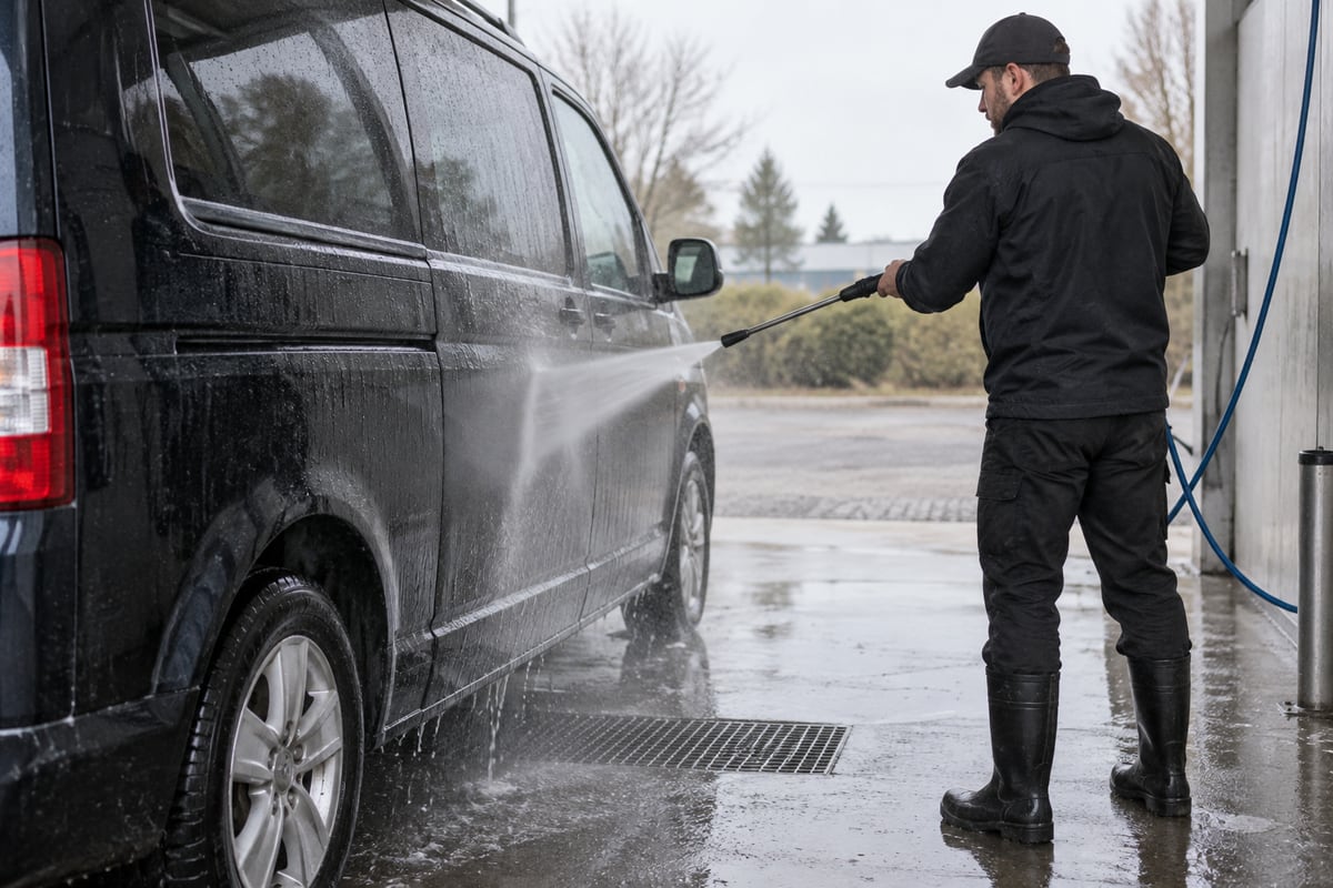 Professional pressure washing of a passenger van