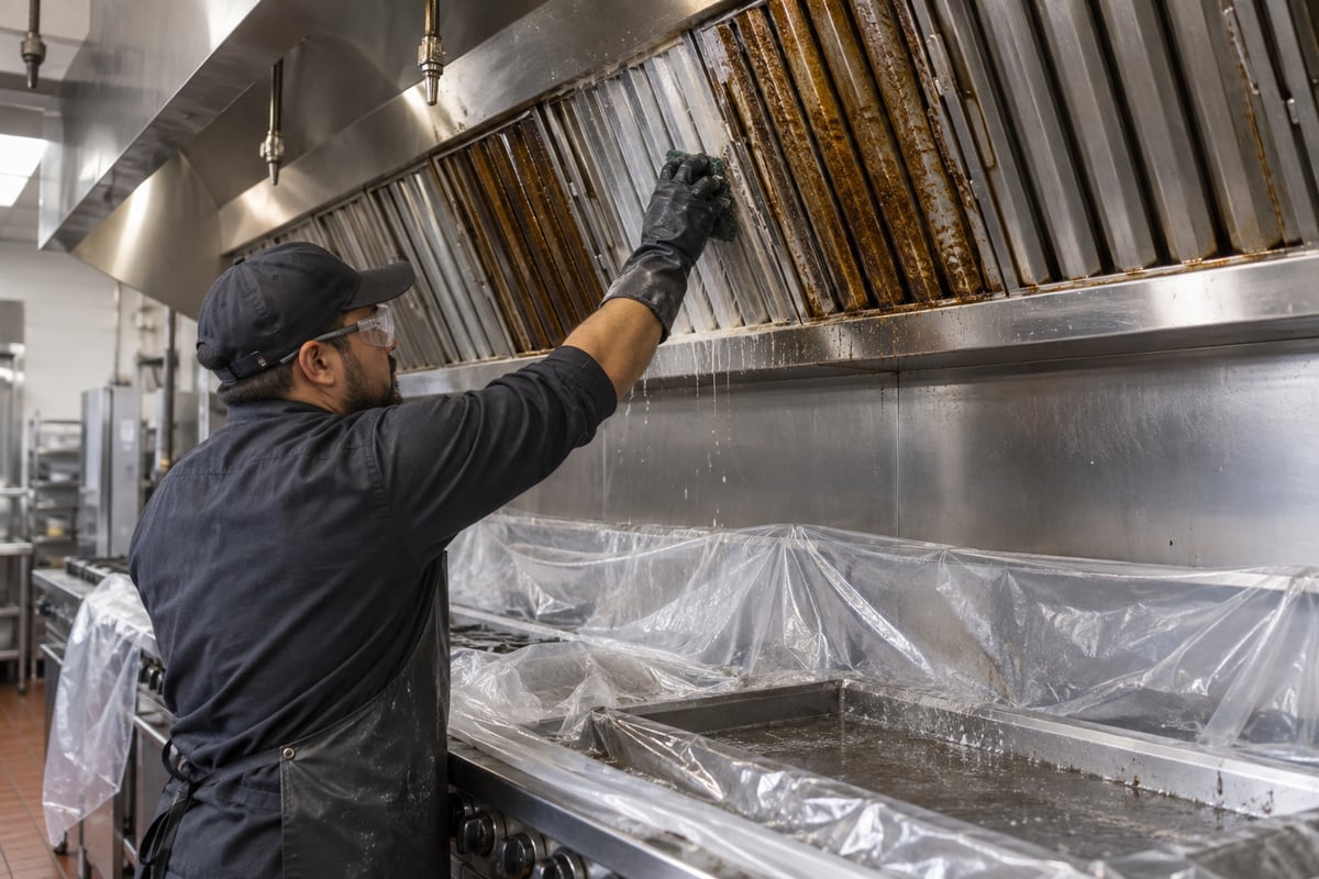Cleaning grease from a commercial kitchen exhaust hood