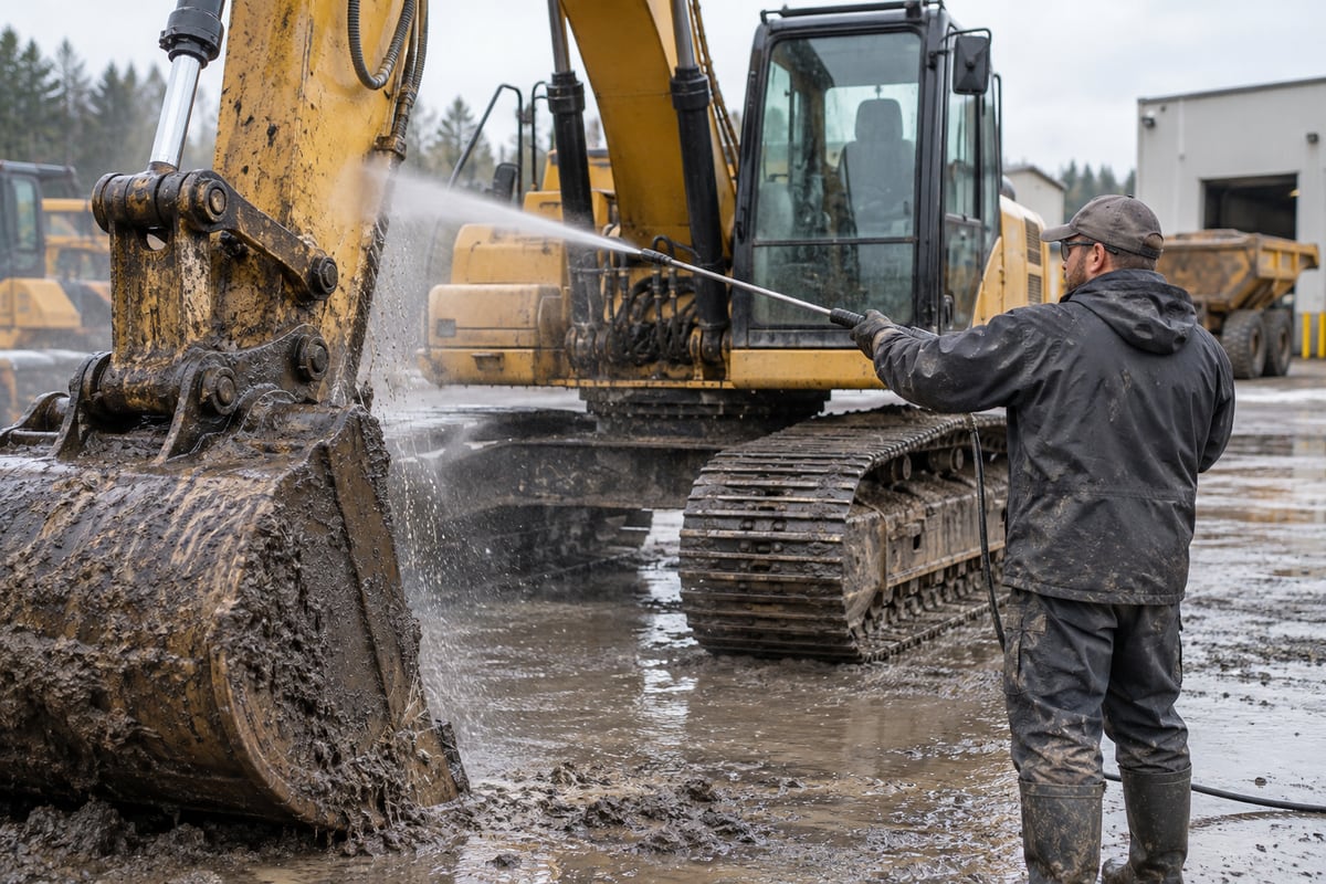 Pressure washing mud from heavy construction equipment