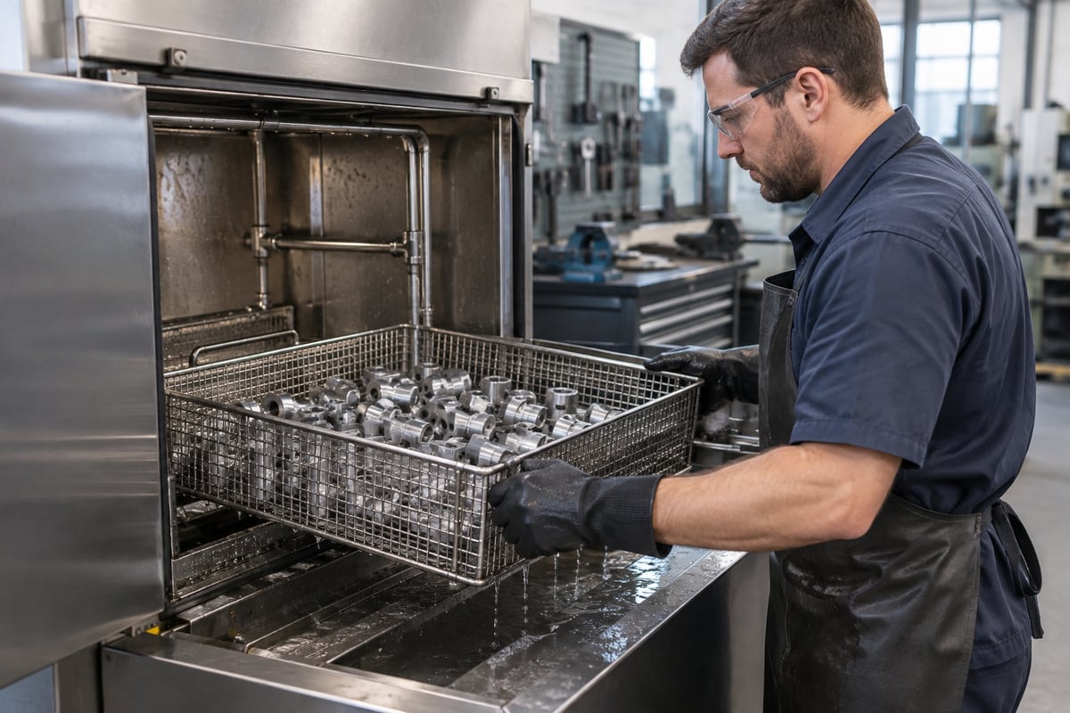 Unloading a low-foam cabinet washer in a machine shop