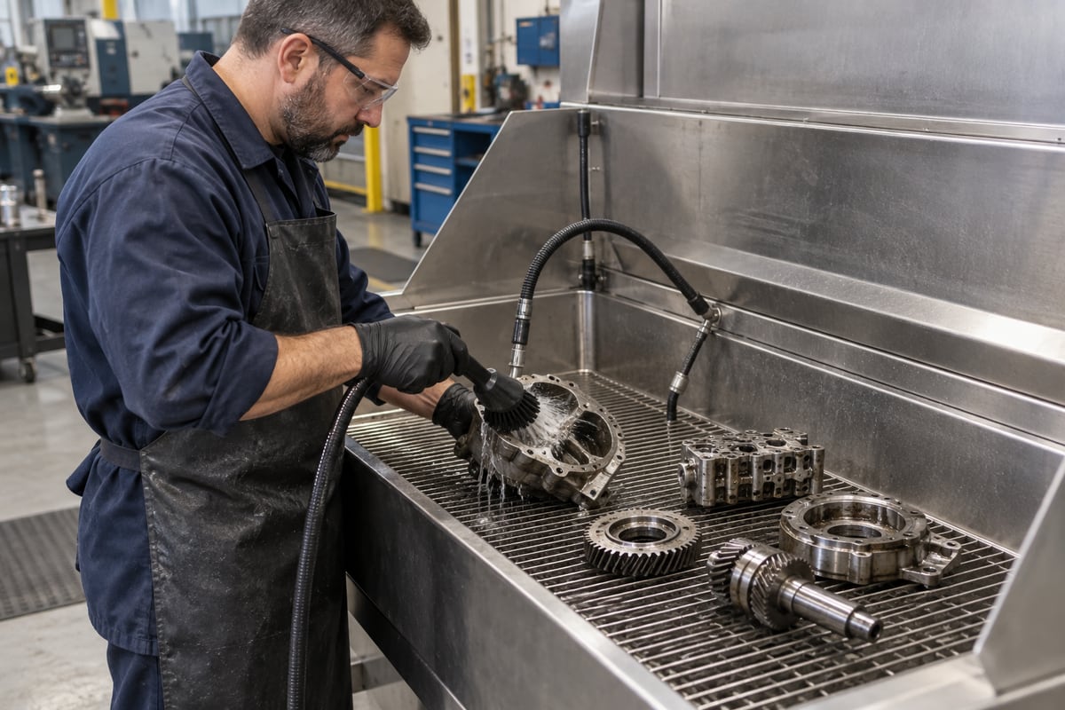 Cleaning machine components at an industrial parts station