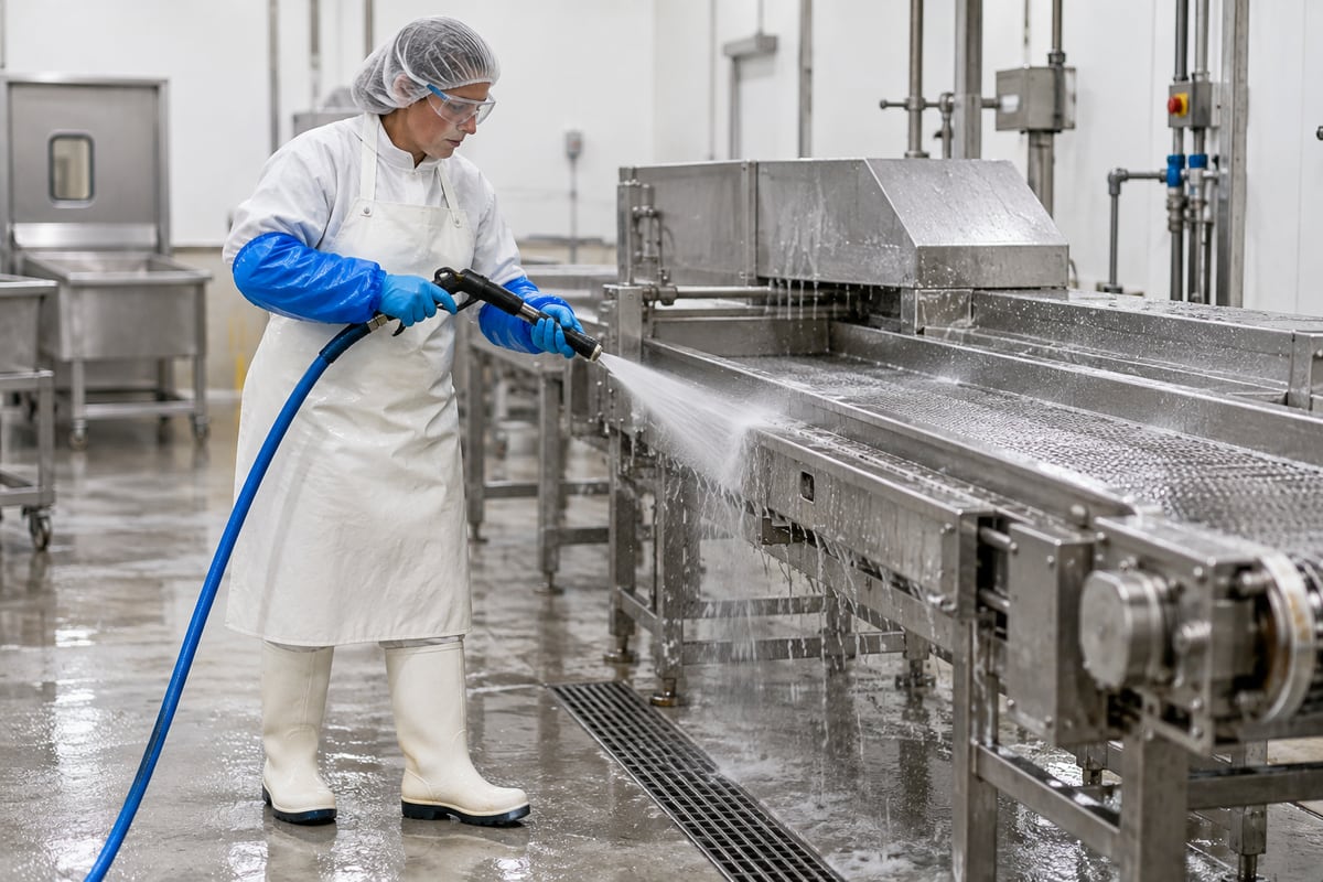 Sanitizing stainless-steel food-processing equipment