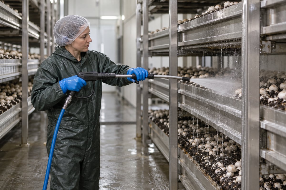 Sanitizing growing racks inside a commercial mushroom farm