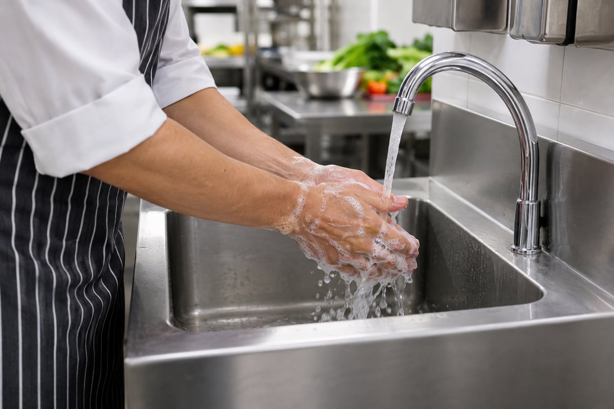 Washing hands with soap at a professional hygiene sink