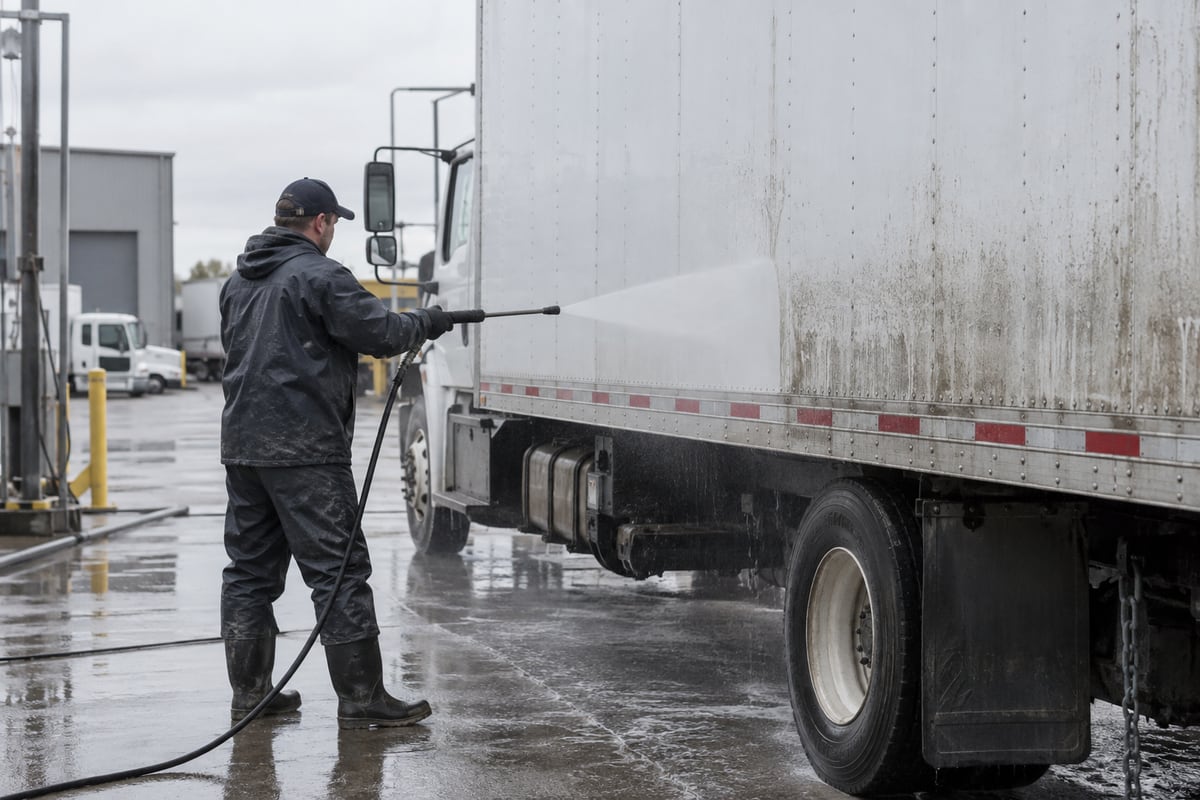 Professional pressure washing of a commercial box truck