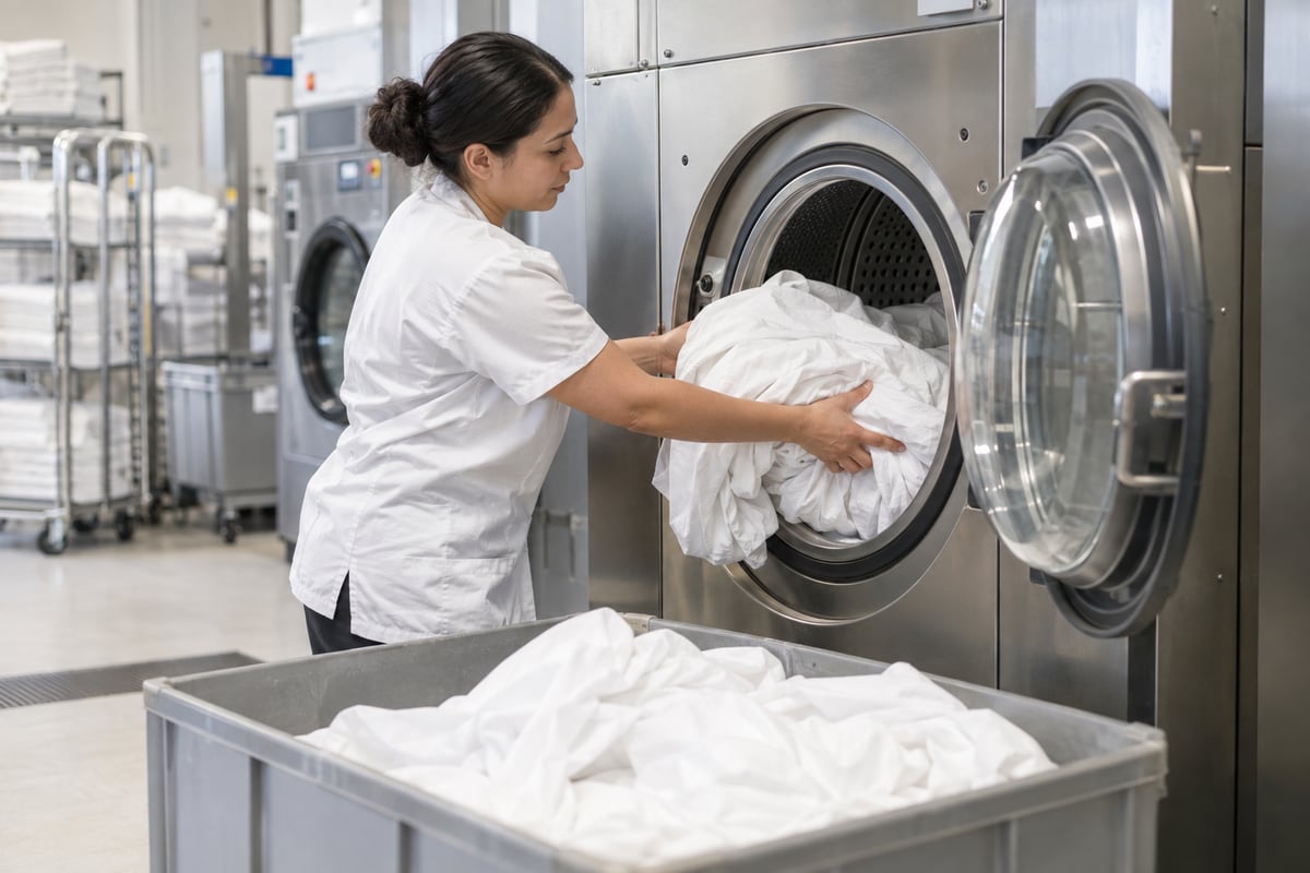 Loading linens into a commercial laundry washer