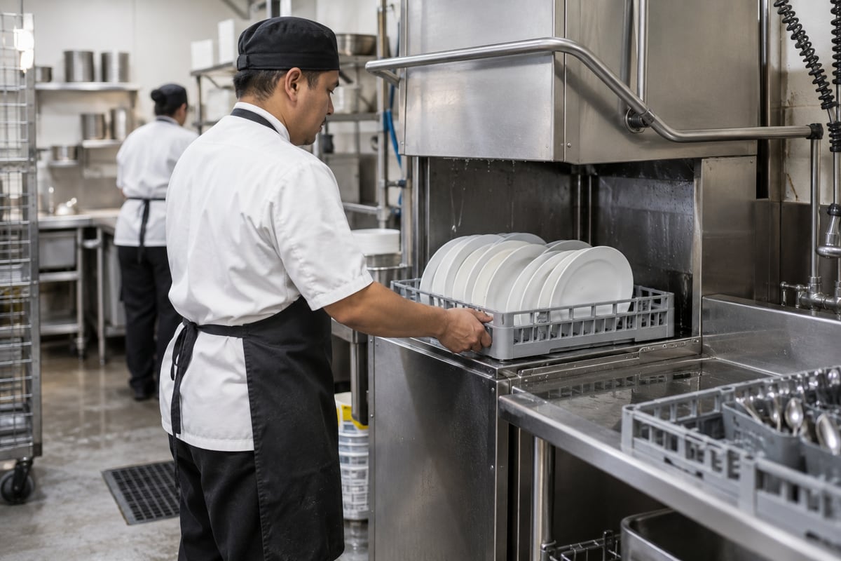 Loading a pass-through dishwasher in a commercial kitchen
