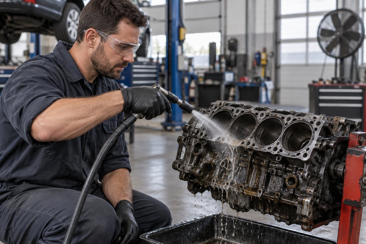Degreasing an automotive engine block